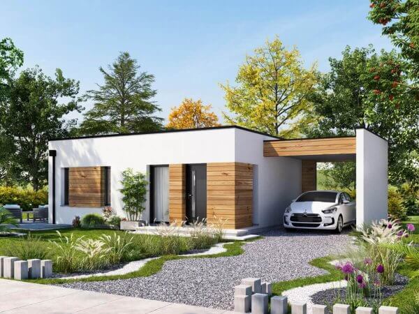 Maison cubique de plain-pied 65m² 2 chambres - Façade avant bois