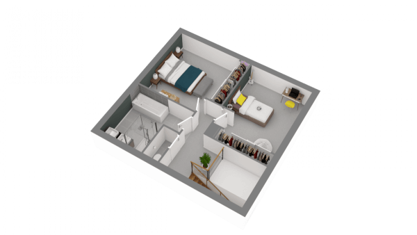 Plan 3D maison contemporaine à étage R+1 - 3 chambres - 2 salles de bains - avec garage - Etage