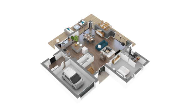 Plan 3D maison contemporaine à étage R+1 - 3 chambres - 2 salles de bains - avec garage - Rez de c