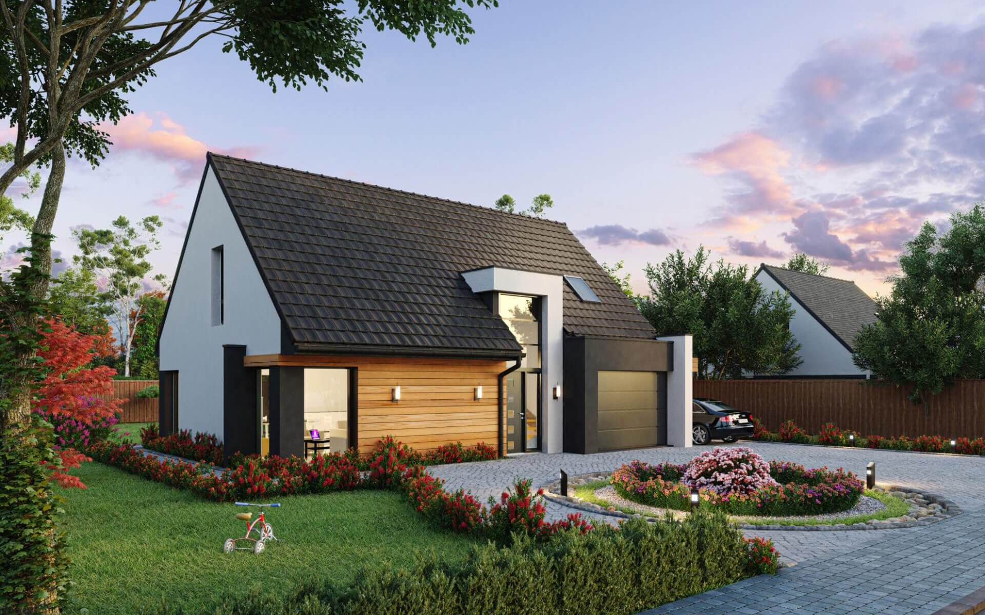 Maison contemporaine R+combles façade avant bois