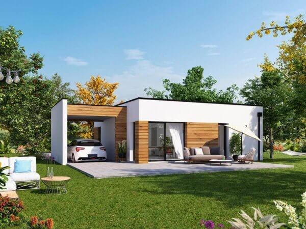 Maison cubique de plain-pied 2 chambres facade arrière bois