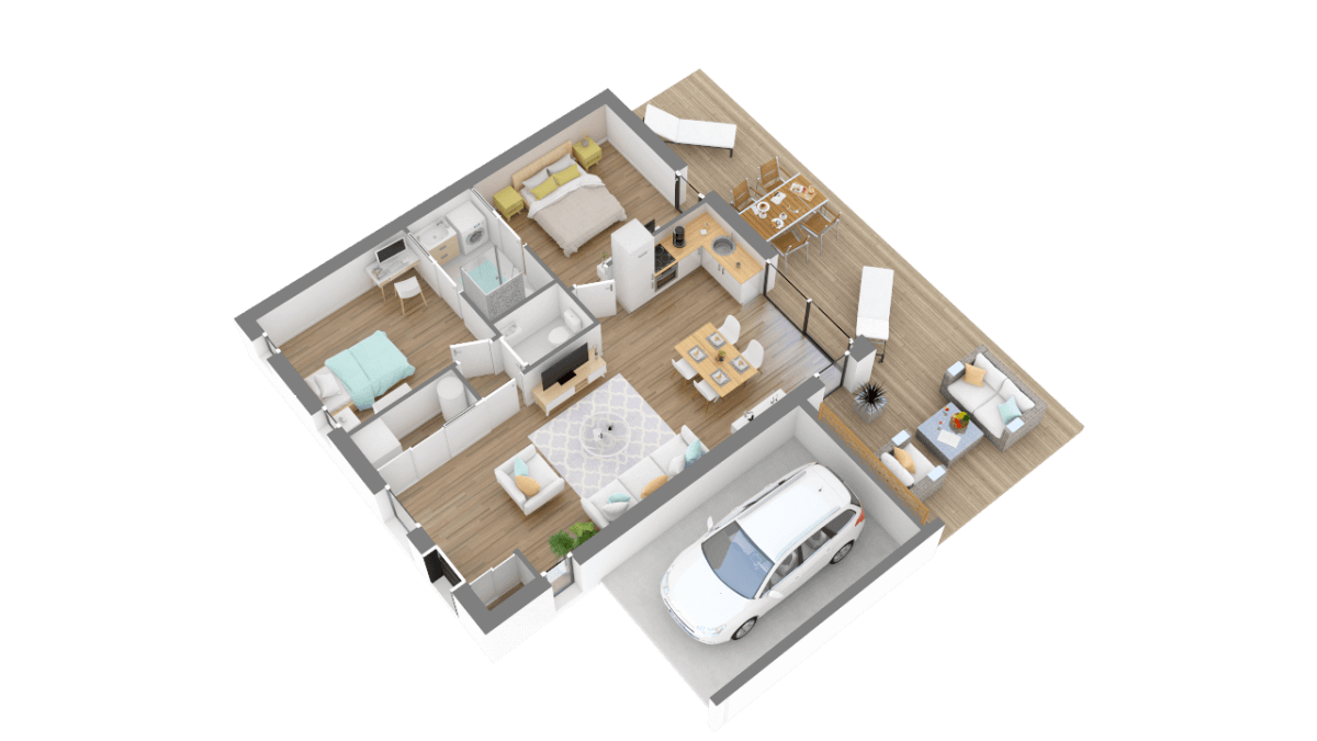 Plan 3D maison de plain-pied cubique 65m² 2 chambres