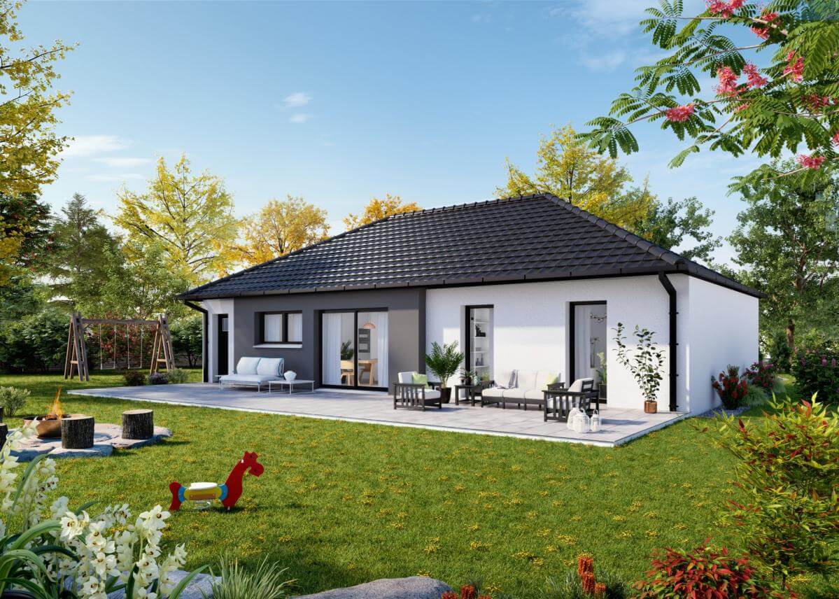 Maison contemporaine de plain-pied 90m² 3 chambres garage façade arrière