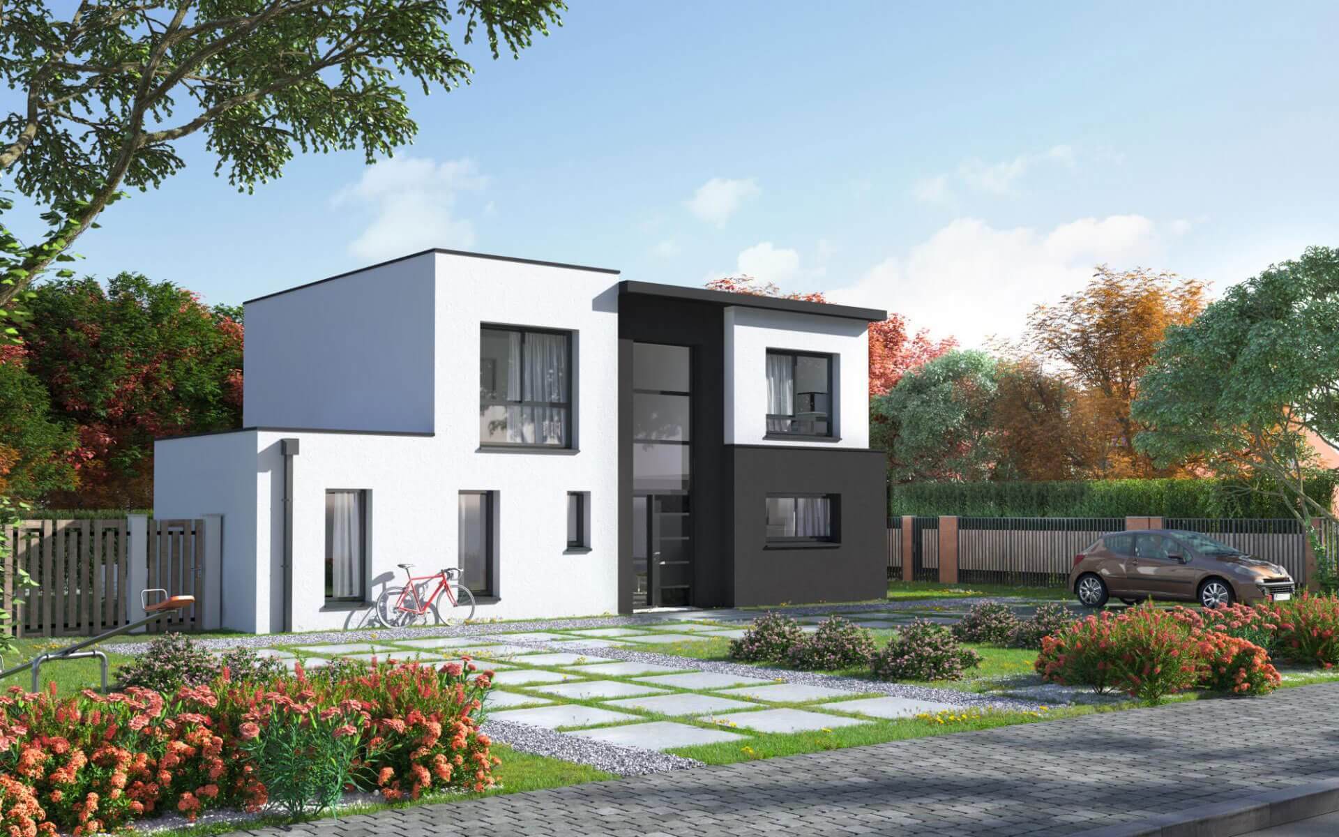 Maison cubique r+1 3 chambres 138m² façade avant