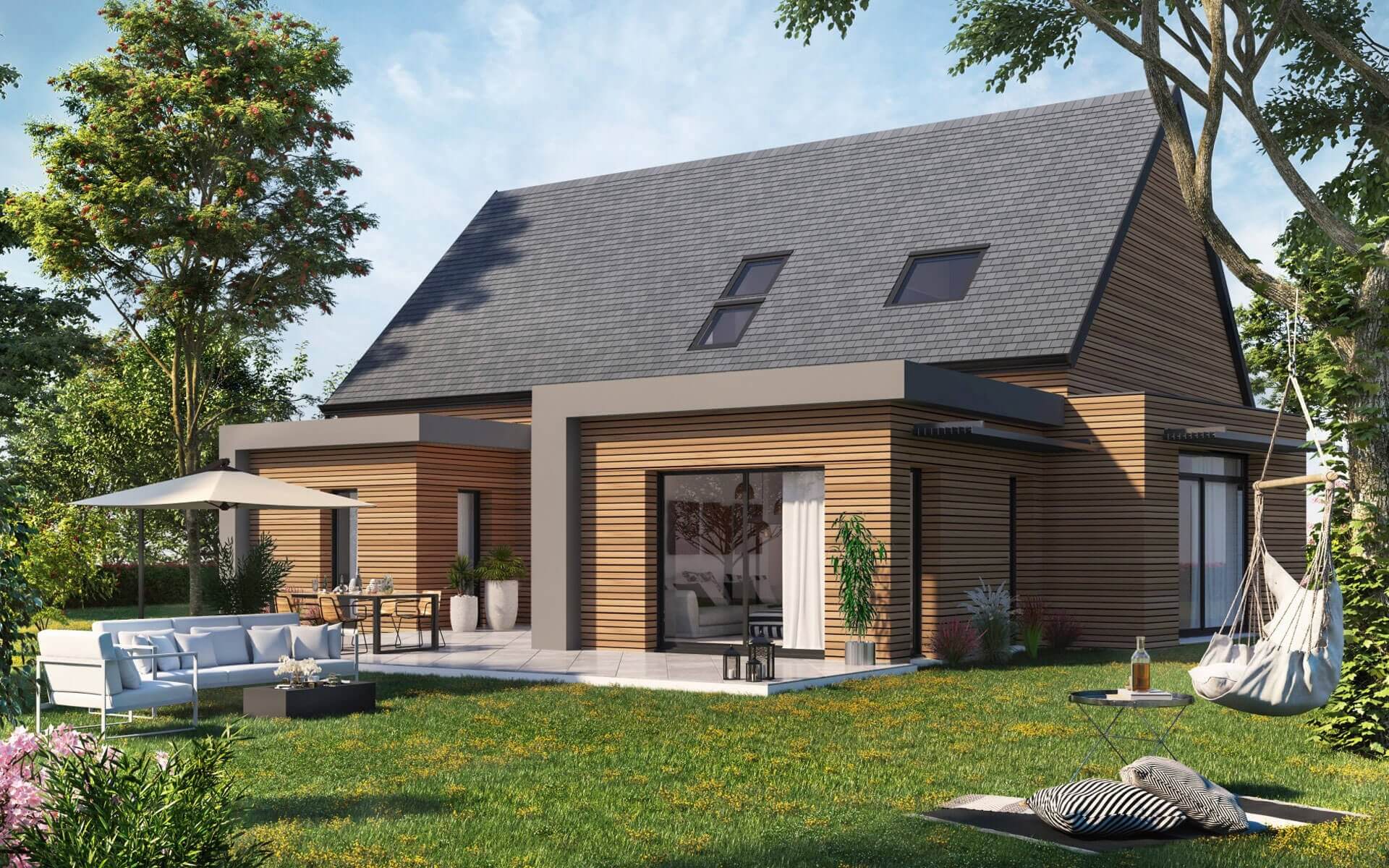 Maison ossature bois à étage traditionnelle vue arrière