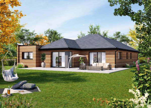 Maison ossature bois plain-pied contemporaine 5 chambres 100m² vue arrière