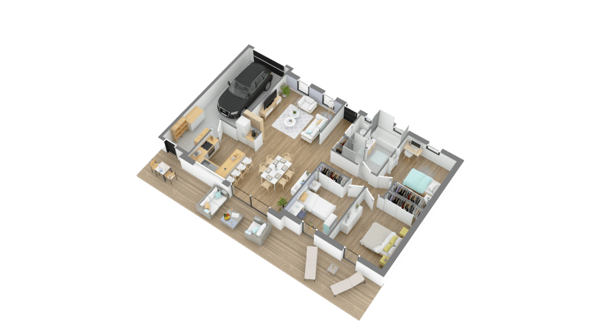 Plan 3D maison contemporaine de plain-pied 90m² 3 chambres avec garage