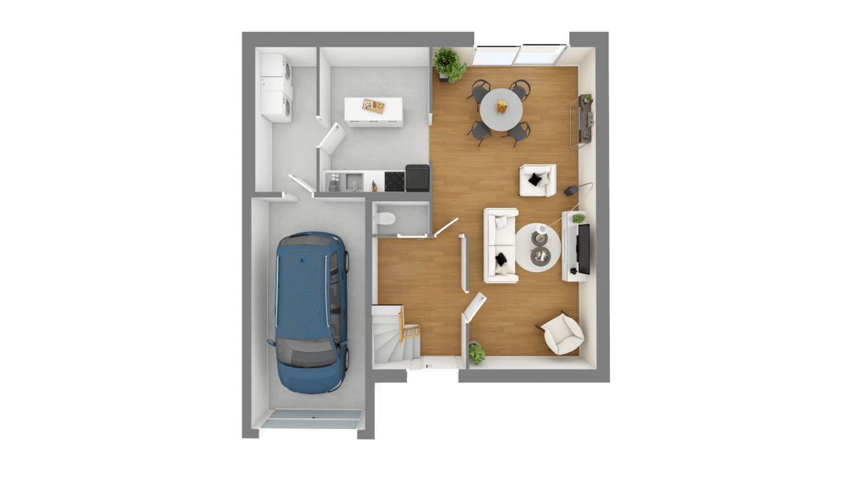 Plan 3D maison traditionnelle à étage 85m² 3 chambres avec garage rez-de-chaussée