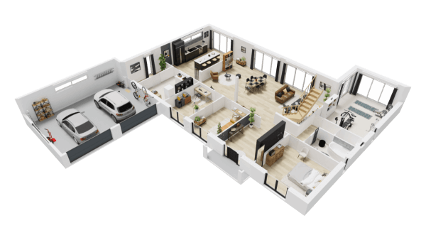 Plan intérieur 3D rez-de-chaussée maison sur-mesure à étage