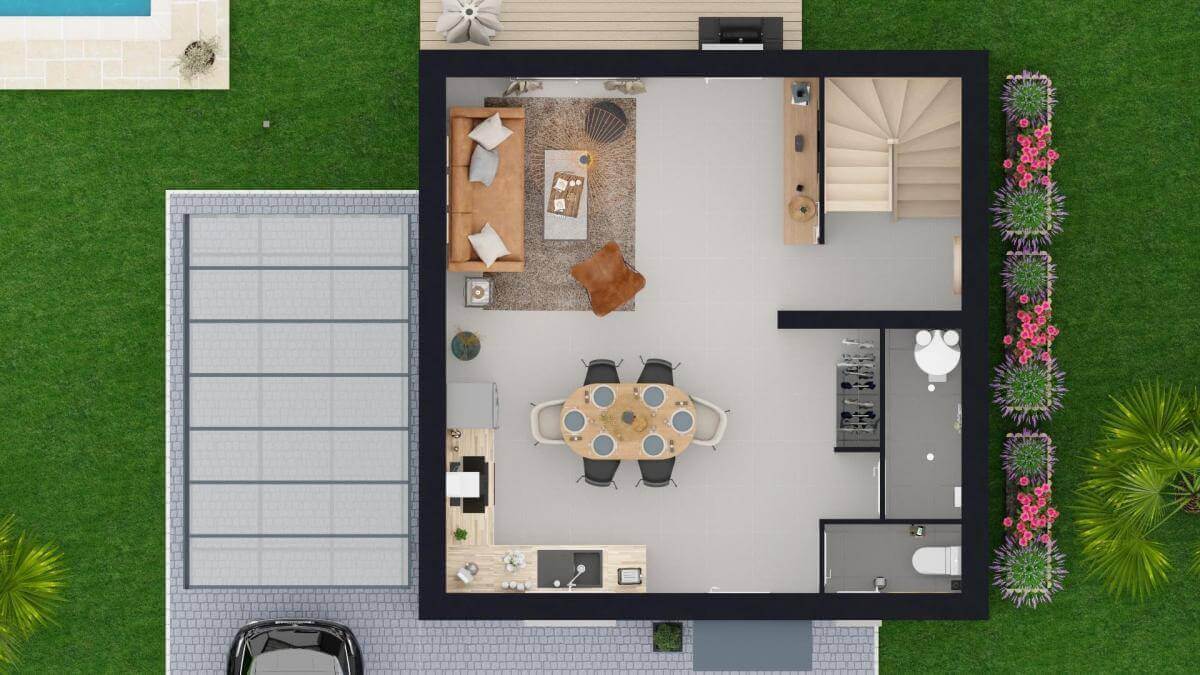 Plan maison 3D R+1 3-chambres rez-de-chaussée