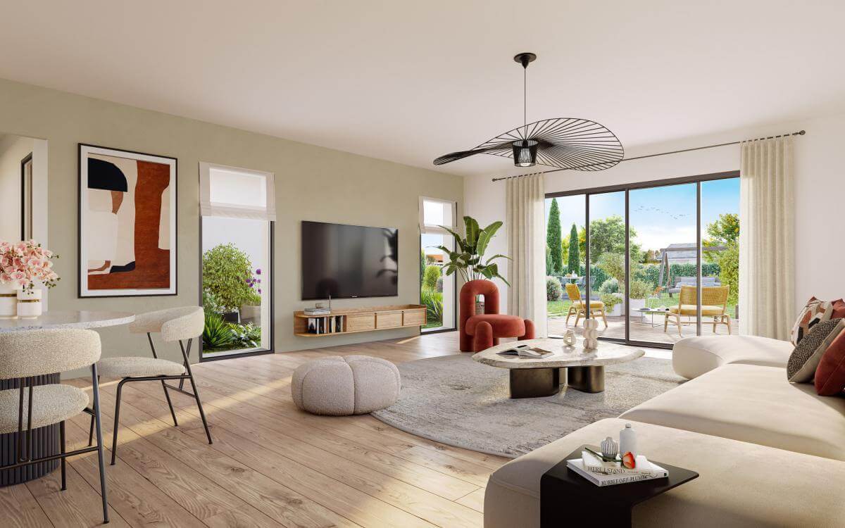 Vue intérieure séjour maison individuelle sur mesure plain-pied 133m²