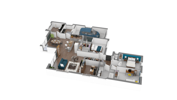 Plan 3D maison ossature bois plain-pied contemporaine 5 chambres