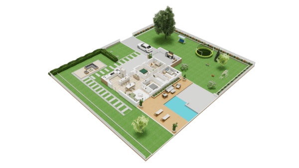 Vue intérieure 3D rez-de-chaussée maison traditionnelle de plain pied 4 chambres