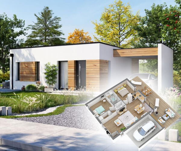 Modèle et plan de maison 3D plain-pied contemporain