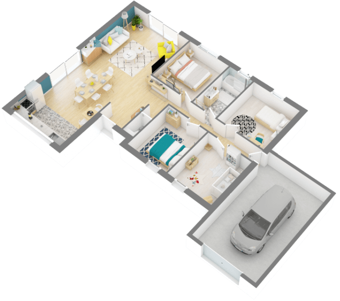 Plan de maison 3D bois plain-pied traditionnelle vue perspective