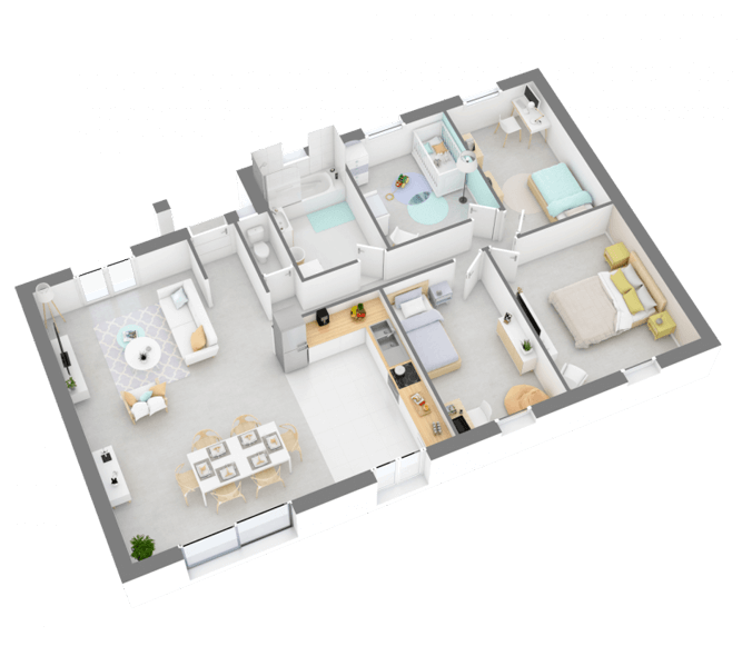 Plan de maison 3D contemporaine plain-pied 4 chambres 99m²