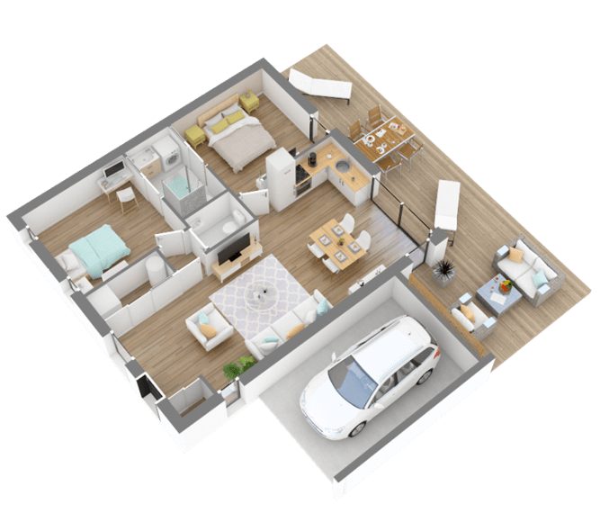 Plan de maison 3D cubique contemporaine 2 chambres vue perspective