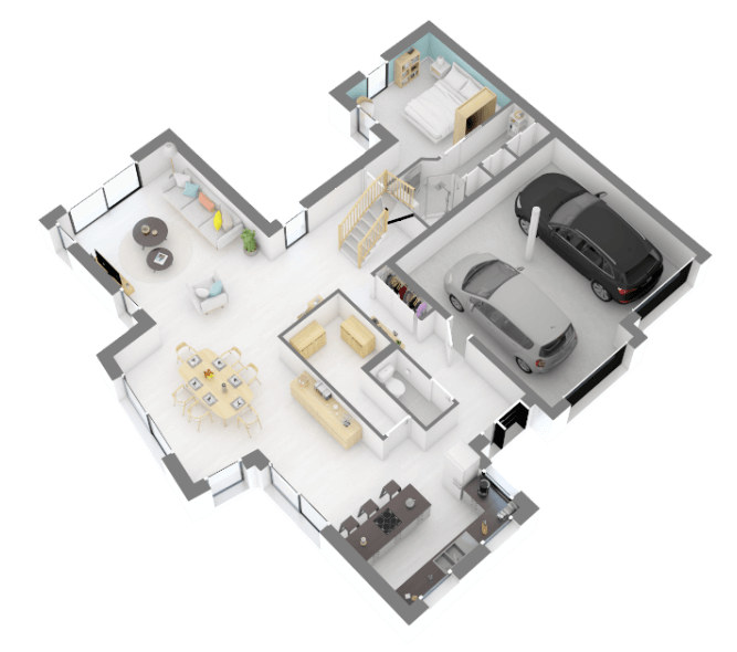 Plan de maison 3D traditionnelle bois à étage 4 chambres 173m² vue perspective