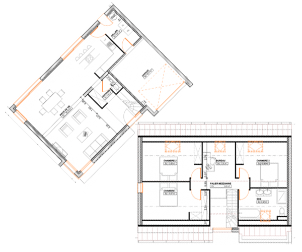 Plan de maison contemporaine à étage RDC et étage