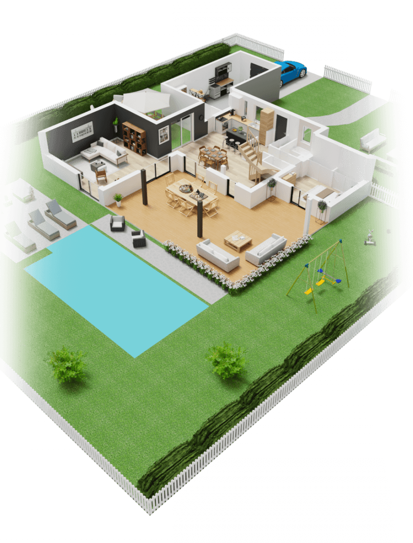 Plan de maison 3D à étage R+1 vue perspective rez-de-chaussée